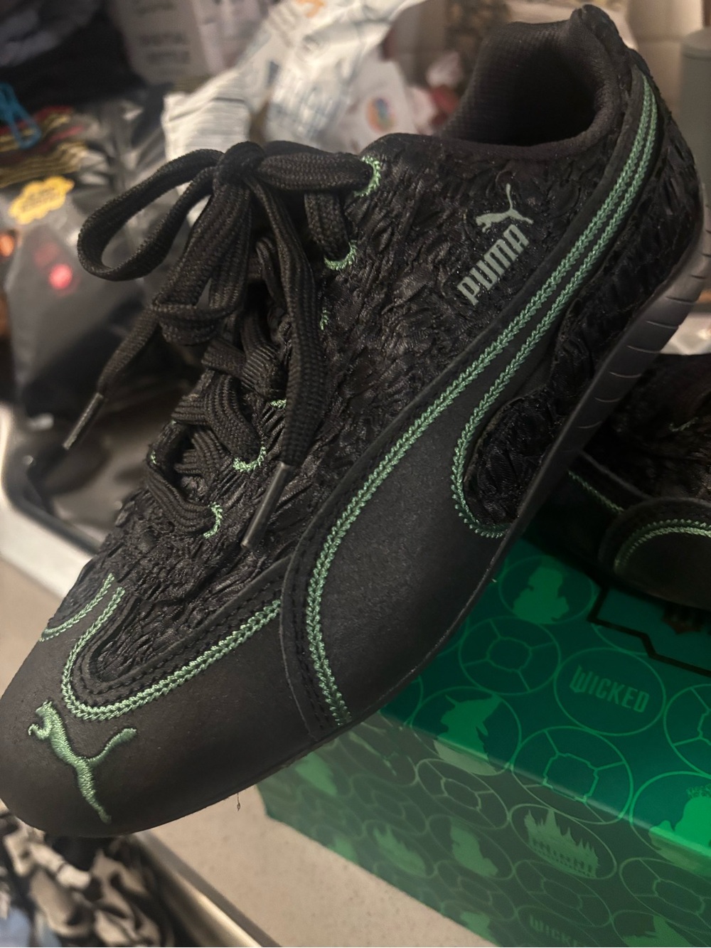Puma Womens WICKED ELPHABA Black Sneakers with Green Trim